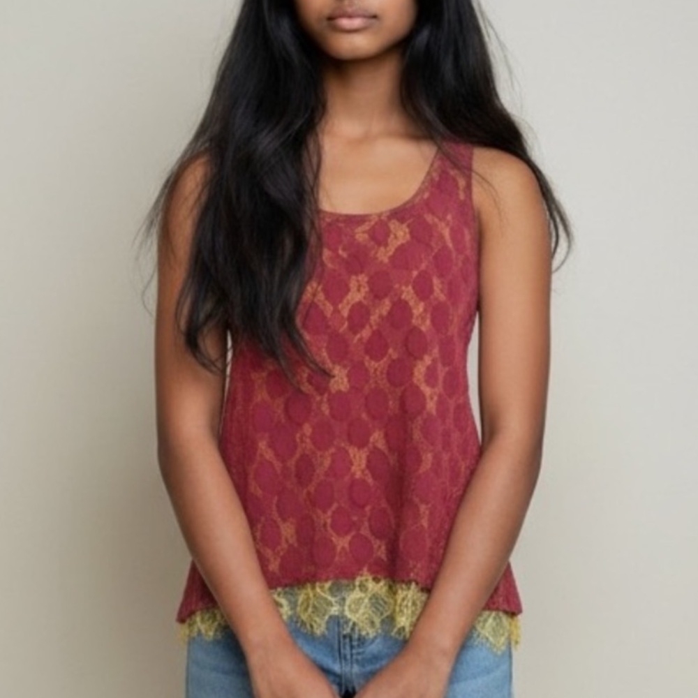 Anthropologie Y2K Lace Romantic Fairy Tank Top Raspberry Yellow Size XS USA